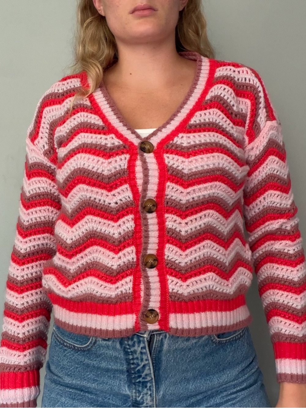 Maurice’s Red Pink Cream Chevron Wave Knit Cardigan Sweater S